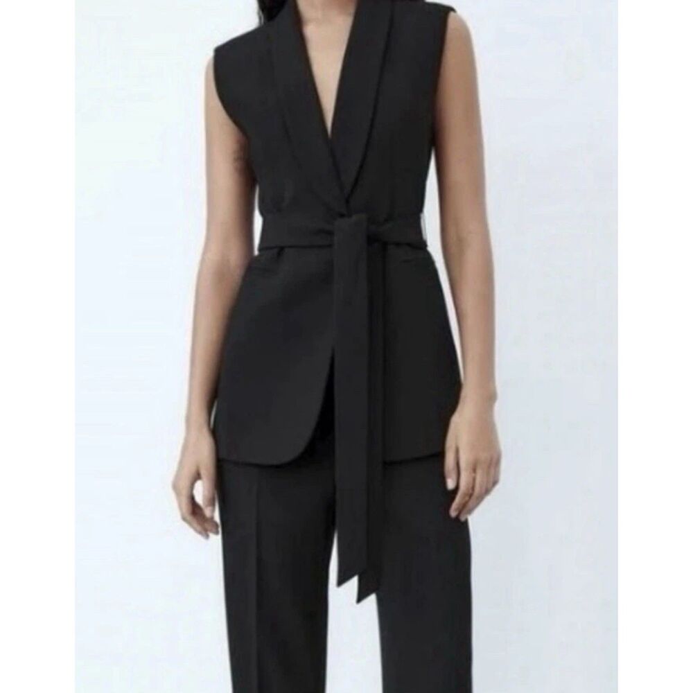 Zara Black Sleeveless Belted Blazer Vest
